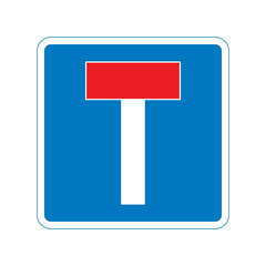 Dead end road sign. Vector illustration of no through road traffic sign. Vehicle will not be able to pass through. Information for drivers on blue square plate board isolated on background.