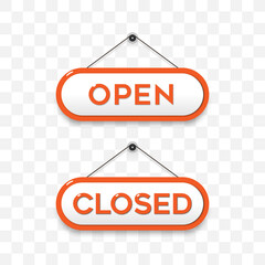 Open closed hanging sign board on transparent background.