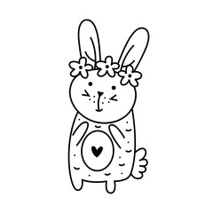 Happy Easter doodle line art design. Black monochrome element. Rabbit, bunny with flowers. Isolated on white background.