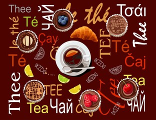 A cup of black tea, delicious muffins and brown background