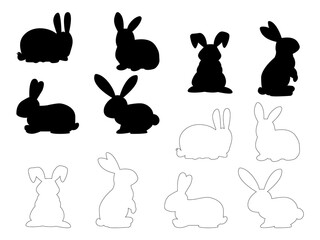 Set of Easter bunnies. Easter running, looking up and standing rabbits black silhouette. Black icons and outlines isolated on white background.
