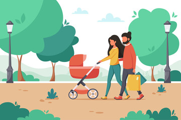 Family with baby carriage walking in the park. Outdoor activity. Vector illustration