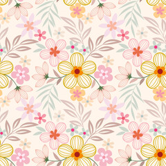 Floral seamless pattern with pink monochrome background for fabric, textile, and wallpaper.