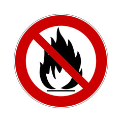 No fire prohibition sign. Vector illustration of red crossed out circle sign with fire flame icon inside. No bonfire allowed. Campfire symbol.
