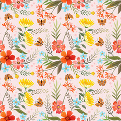 Fototapeta na wymiar Floral seamless pattern with pink monochrome background for fabric, textile, and wallpaper.