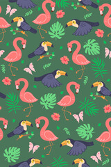 Seamless pattern with cute toucans and flamingos. Vector graphics.