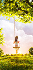 Happy toon girl on swing in summer park at sunset.