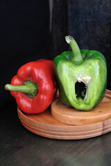 Two red and green peppers on a wooden chopping board