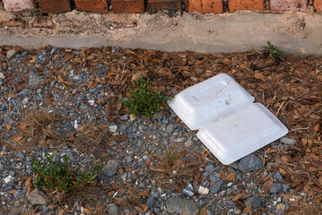 Fototapeta na wymiar Used foam food container had been throw on the ground. Environmental problem.