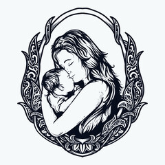 artwork illustration and t-shirt design black and white hand drawn  mother and baby engraving ornament for mothers day 