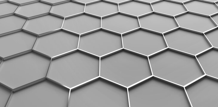 Background with 3D hexagons pattern, grey honeycomb structure on black background, 3D technology interesting texture render illustration.