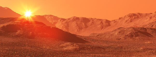 Mars landscape, 3d render of imaginary mars planet terrain with sun, science fiction illustration. © Cobalt