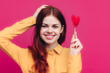 happy woman blowing kiss heart on stick love emotion