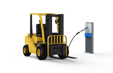 forklift truck charges with electric recharging station 