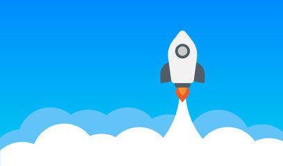 Successful Startup launch. Concept of rocket flying to the sky vector illustration.