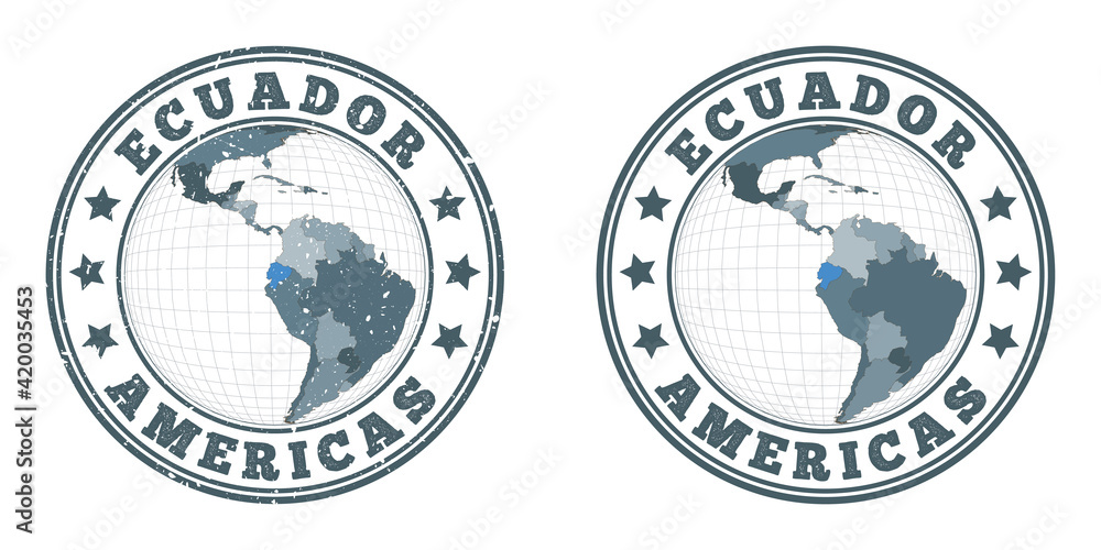 Poster ecuador round logos. circular badges of country with map of ecuador in world context. plain and text
