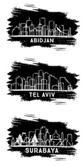 Tel Aviv Israel, Surabaya Indonesia and Abidjan Ivory Coast City Skyline Silhouette Set.