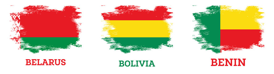 Bolivia, Benin and Belarus Flag Set with Brush Strokes.
