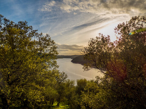 Puesta del sol entre dos alcornoques y con un embalse al fondo en el Parque Nacional de Monfrag&uuml;e, Espa&ntilde;a