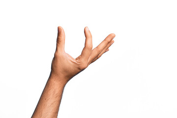 Hand of caucasian young man showing fingers over isolated white background picking and taking...