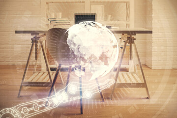 Multi exposure of world map drawing and office interior background. Concept of international network.