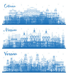 Outline Verona, Messina Sicily and Catania Italy City Skyline Set.