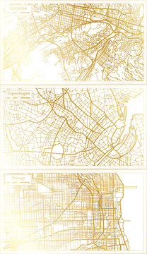 Copenhagen Denmark, Chicago Illinois USA and Caracas Venezuela City Map Set.
