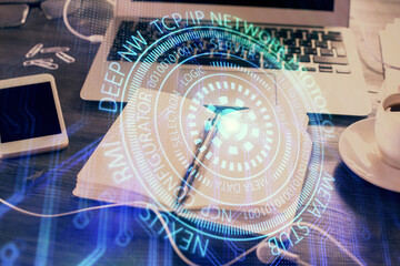 Multi exposure of data theme drawings and desk with open notebook background. Concept of education