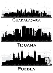 Puebla, Tijuana and Guadalajara Mexico City Skyline Silhouette Set.