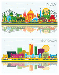 Obraz premium Gurgaon and India City Skyline Set with Color Buildings.