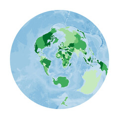 World Map. Airy's minimum-error azimuthal projection. World in green colors with blue ocean. Vector illustration.