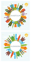 Khartoum Sudan and Alexandria Egypt City Skyline Set.