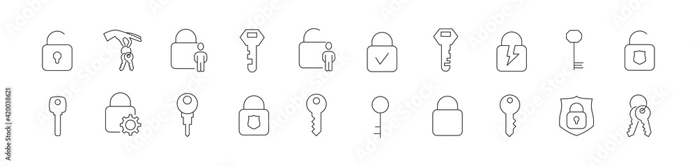 Poster editable vector pack of keys and locks line icons.
