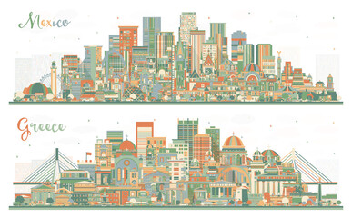 Greece and Mexico Country City Skyline Set with Color Buildings.