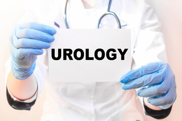 The doctor's blue - gloved hands show the word UROLOGY - . a gloved hand on a white background. Medical concept. the medicine