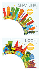 Kochi India and Shanghai China City Skyline Set.