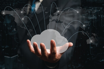 Business man hold cloud storage logo on hand with connecting lines around the world, cloud storage concept