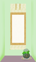 緑色のあじさいの苔玉（陶の皿にガラス玉）と掛軸（白い文字スペースあり）の和モダンな床の間飾りのイラスト