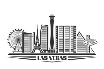 Vector illustration of Las Vegas, monochrome poster with simple design buildings and outline landmarks, urban concept with modern city scape and decorative font for words las vegas on white background © mihmihmal