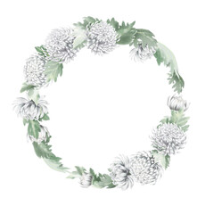 Flowers in wreath. Circle floral frame made of white chrysanthemum and green leaves. Wedding invitation, gift card concept.