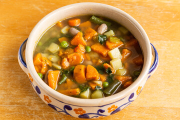 Mixed vegetables soup. Minestrone, vegan lunch.