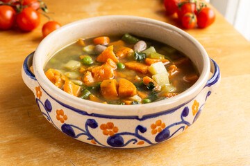 Mixed vegetables soup. Minestrone, vegan lunch.
