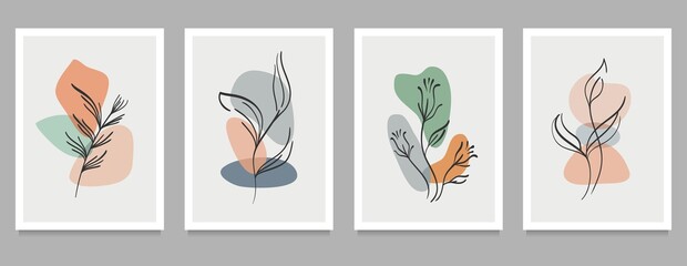 Botanical wall art on set. Abstract geometric elements, shapes and plant art for print, cover, wallpaper . Vector illustration