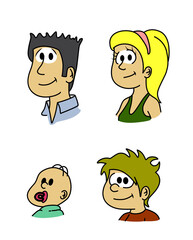 Isolated avatars, profile characters, woman, man, boy and baby faces, heads. Family. Cartoon hand drawn style  colorful vector illustration.
