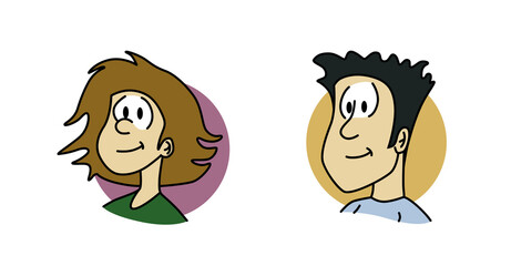Avatar profile isolated cute smiling faces, heads of a woman and man. Cartoon style vector illustration on a white background.