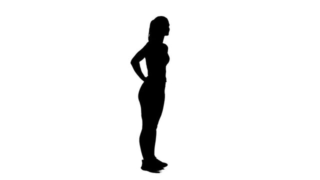 Silhouette of fit woman doing various legs stretching exercises. Full body on white screen background