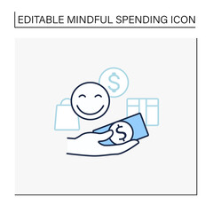 Designate guilt-free spending money line icon. Hand holds money. Happy emoji. Thoughtful spending money. Mindful spending concept.Isolated vector illustration.Editable stroke