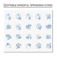 Mindful spendings line icons set. Conscious buying, conscious consumer,buy less. Shopaholism, sales, green thinking. Buying fewer concepts. Isolated vector illustrations. Editable stroke