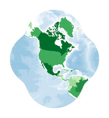 World Map. Modified stereographic projection for the conterminous United States. World in green colors with blue ocean. Vector illustration.