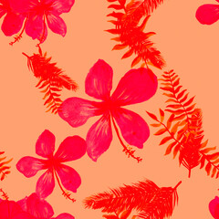 Pink Seamless Foliage. Ruby Pattern Foliage. Red Tropical Leaf. Coral Flower Nature. Scarlet Drawing Art. Spring Illustration. Flora Texture. Floral Art.